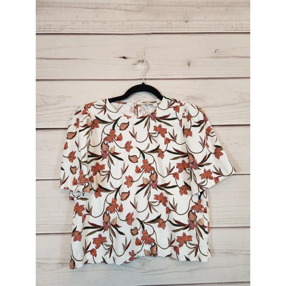 LOFT‎ Floral Blouse White Orange Womens XS Linen Blend Puff Sleeve Short Sleeve